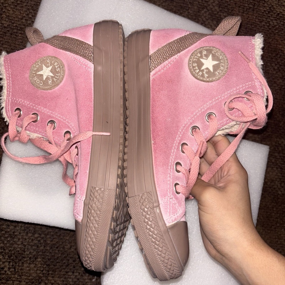 Converse All Star High Top Sneakers Kids Size 4 Pink Suede Faux Fur Lined Shoes
